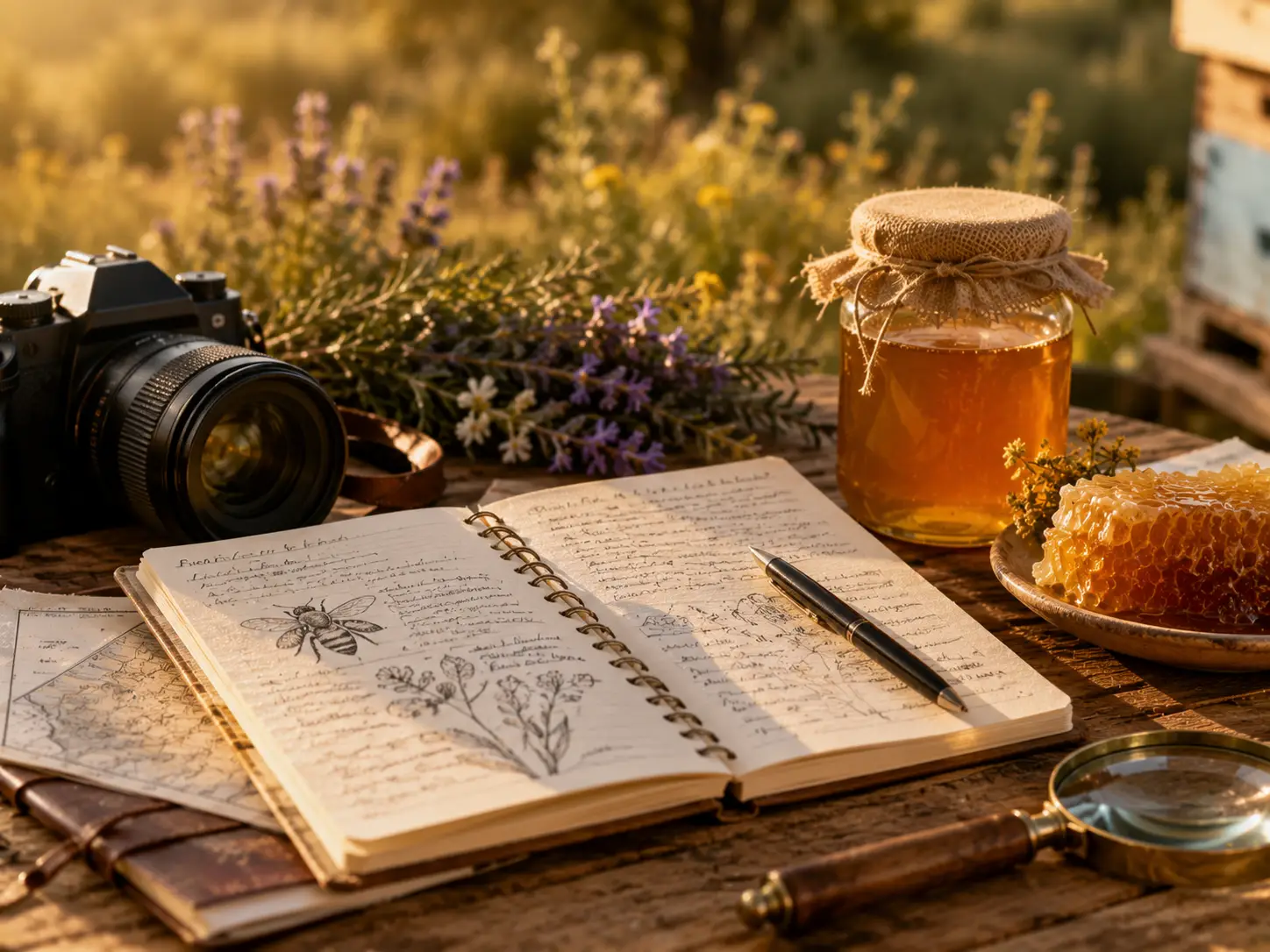 Carnet de notes, appareil photo et pot de miel illustrant le travail de documentation sur l'apiculture tunisienne.