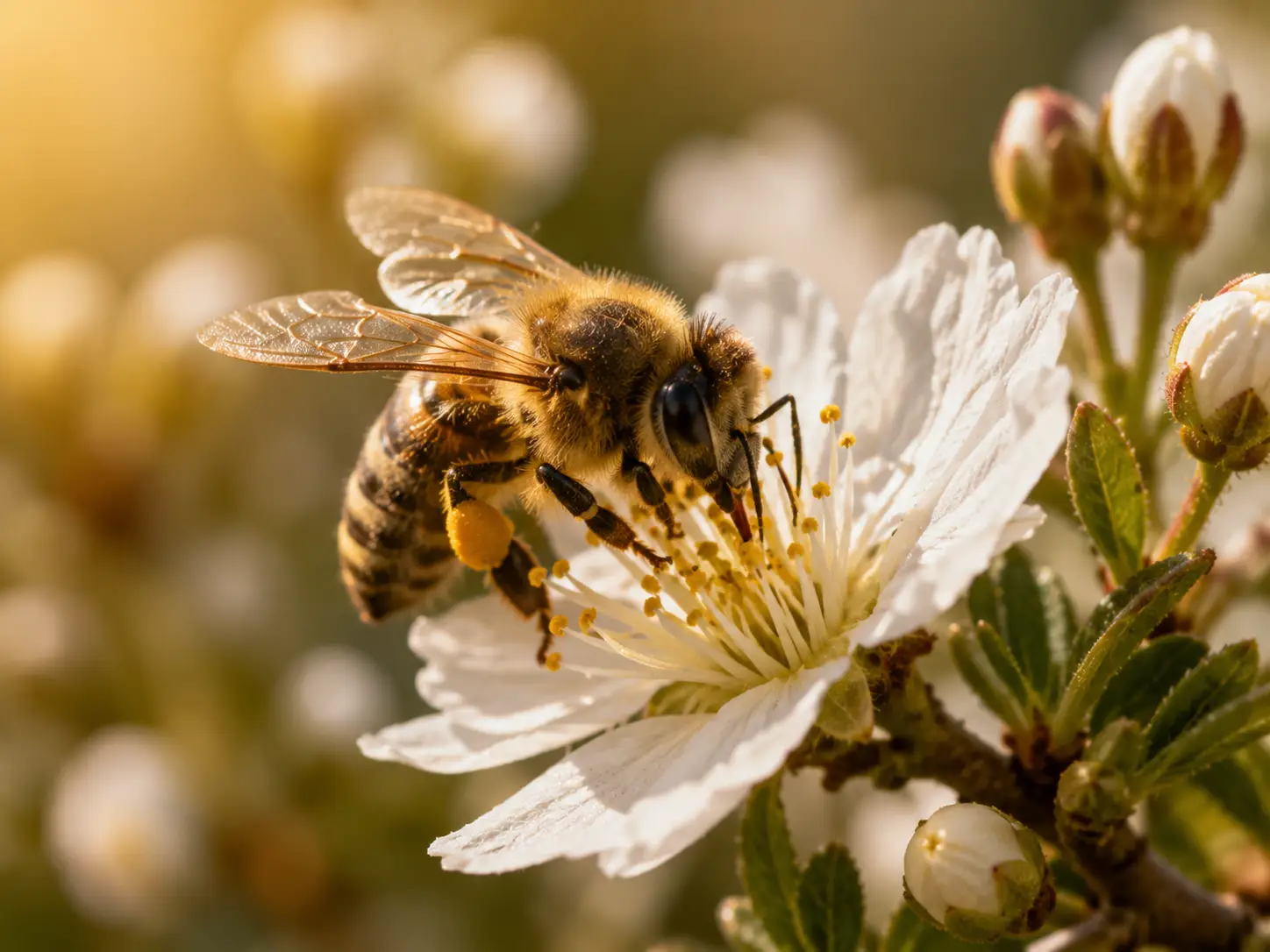 Abeille domestique butinant une fleur mellifère dans un paysage naturel de Tunisie.