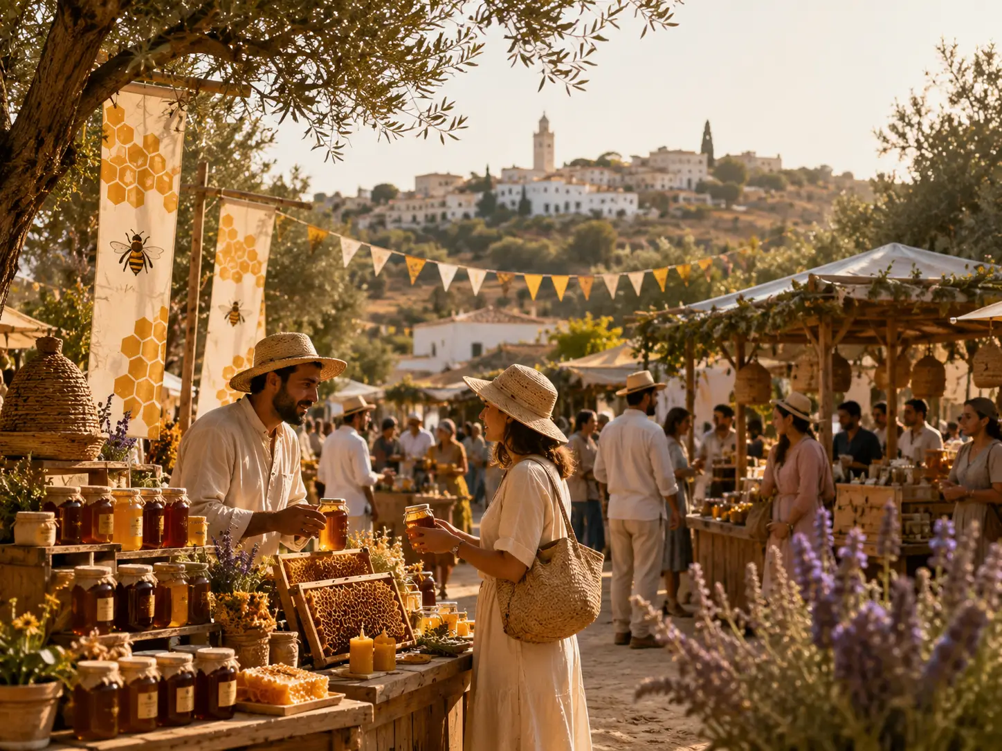 Festival apicole en Tunisie réunissant des apiculteurs, des visiteurs et des stands de miel dans une ambiance conviviale.