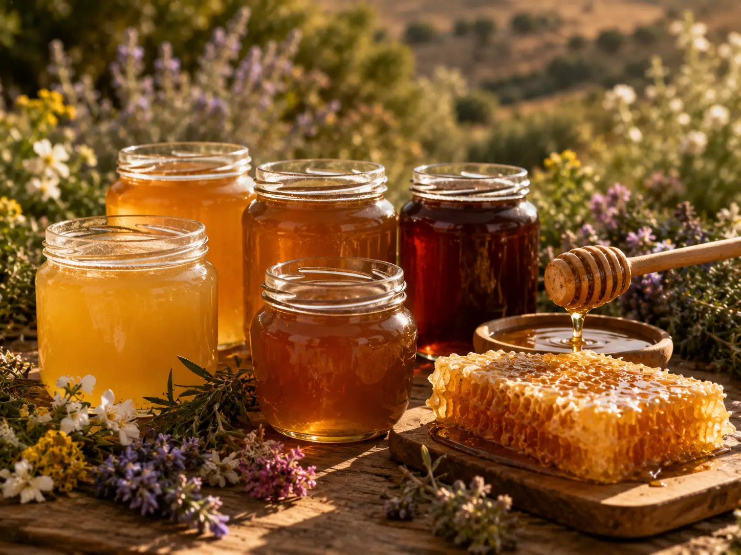Différentes variétés de miel tunisien présentées dans des pots en verre avec un rayon de miel et une cuillère en bois.