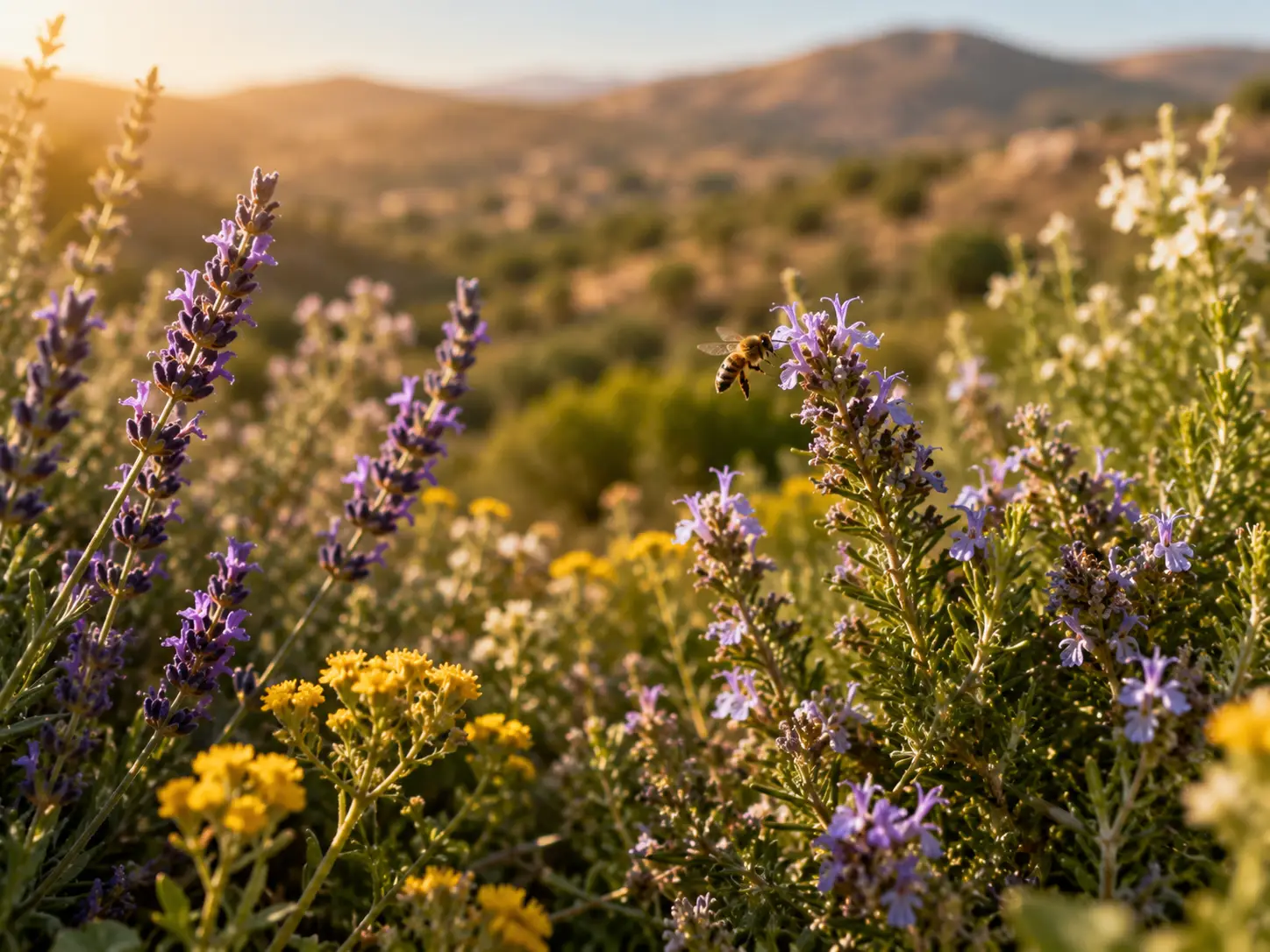 Abeille butinant des fleurs mellifères dans un paysage méditerranéen de la campagne tunisienne.