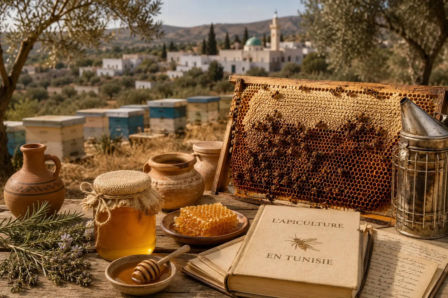 Cadre de ruche, miel, livre consacré à l'apiculture et matériel d'apiculteur devant un rucher traditionnel dans un paysage rural tunisien.